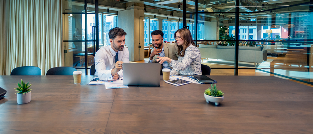 Man and woman couple discussing with financial advisor over laptop
