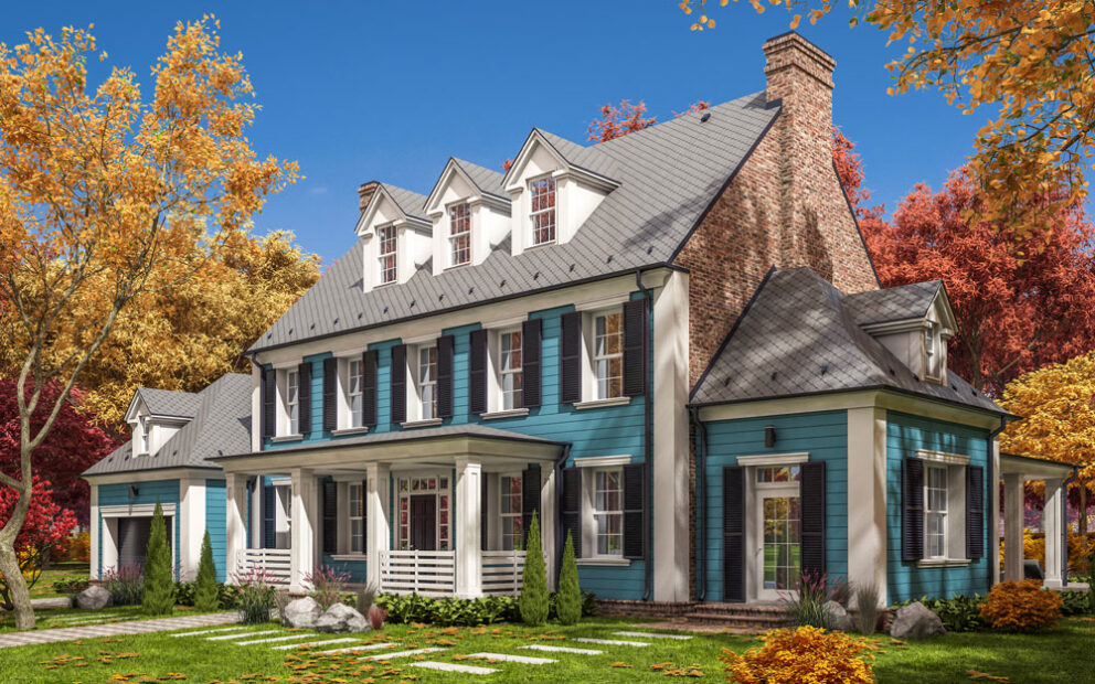 Image of classic suburban home, with blue siding and a front porch.