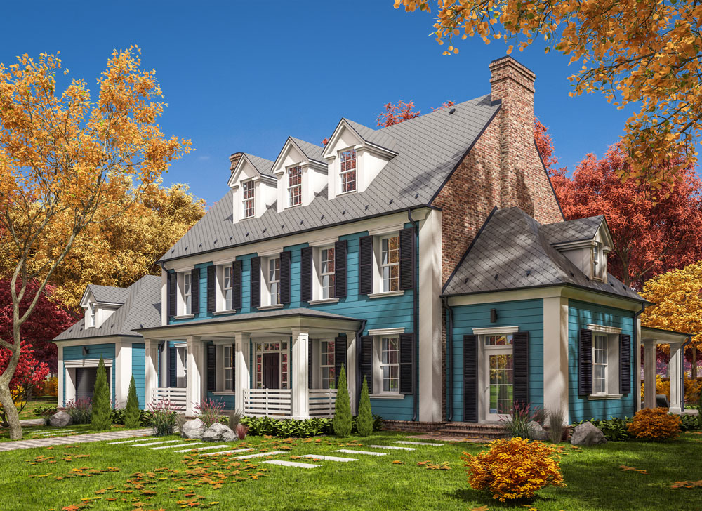 Image of classic suburban home, with blue siding and a front porch.