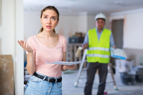 woman looking stressed with contractor in background