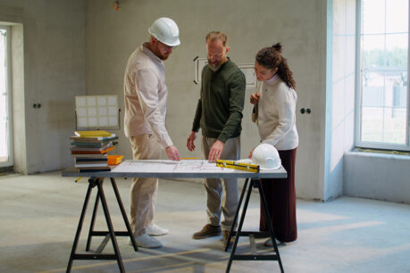 Couple speaking with builder while he works on construction in their home