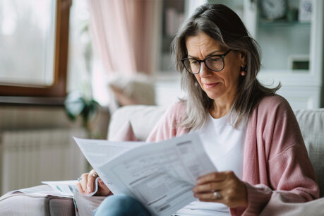 Woman looking at documents while sitting at home