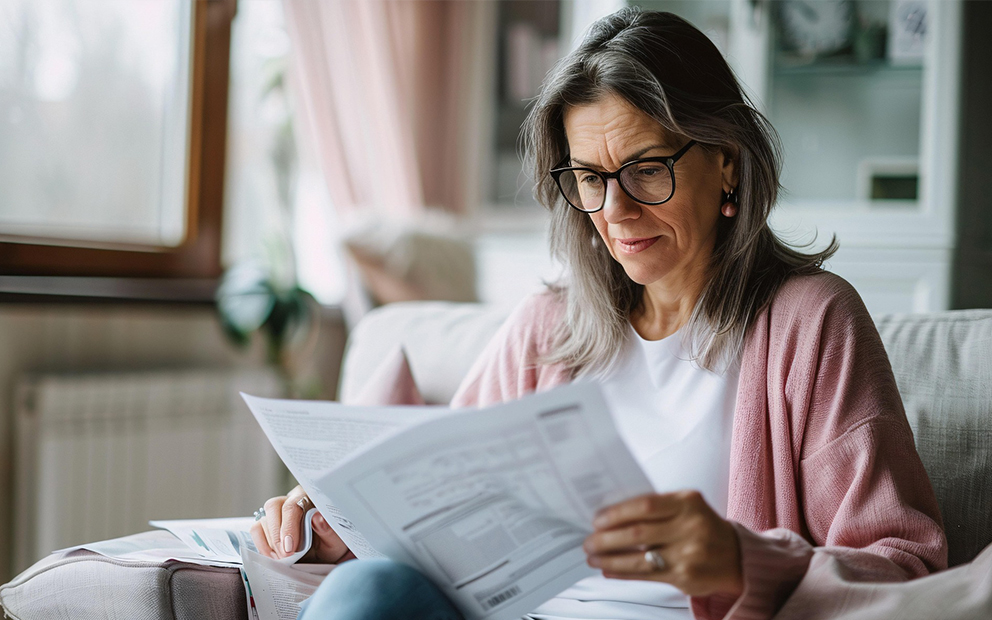 Woman looking at documents while sitting at home