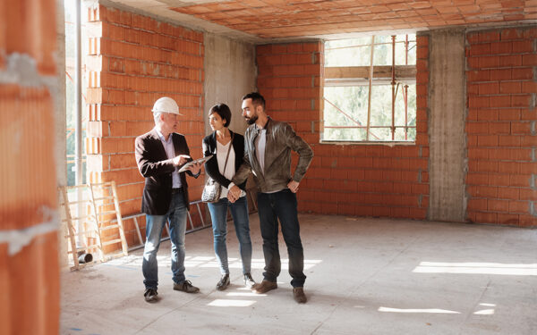 Couple speaking with builder in new property