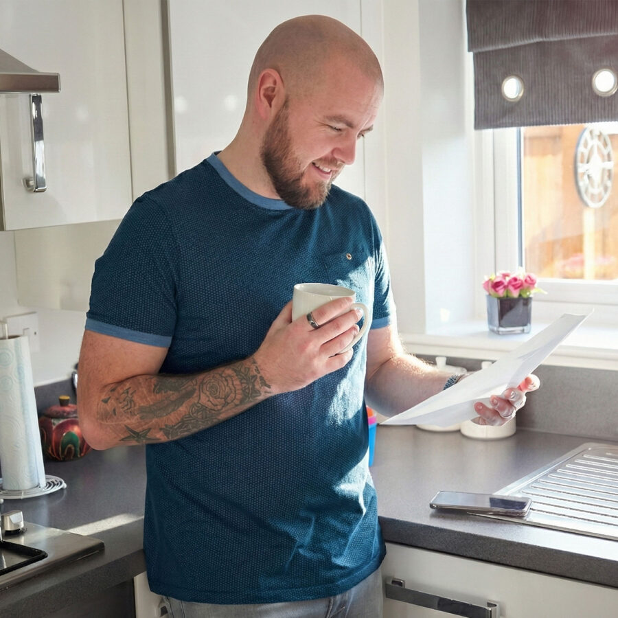 drinking coffee and looking at papers