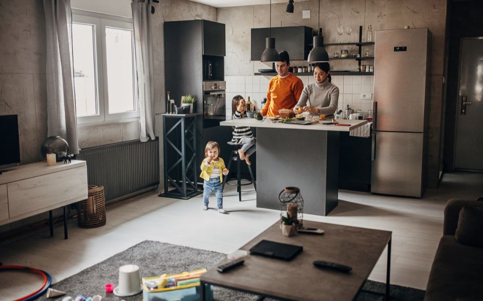 Family of four enjoying their ability to maximize life in their small space