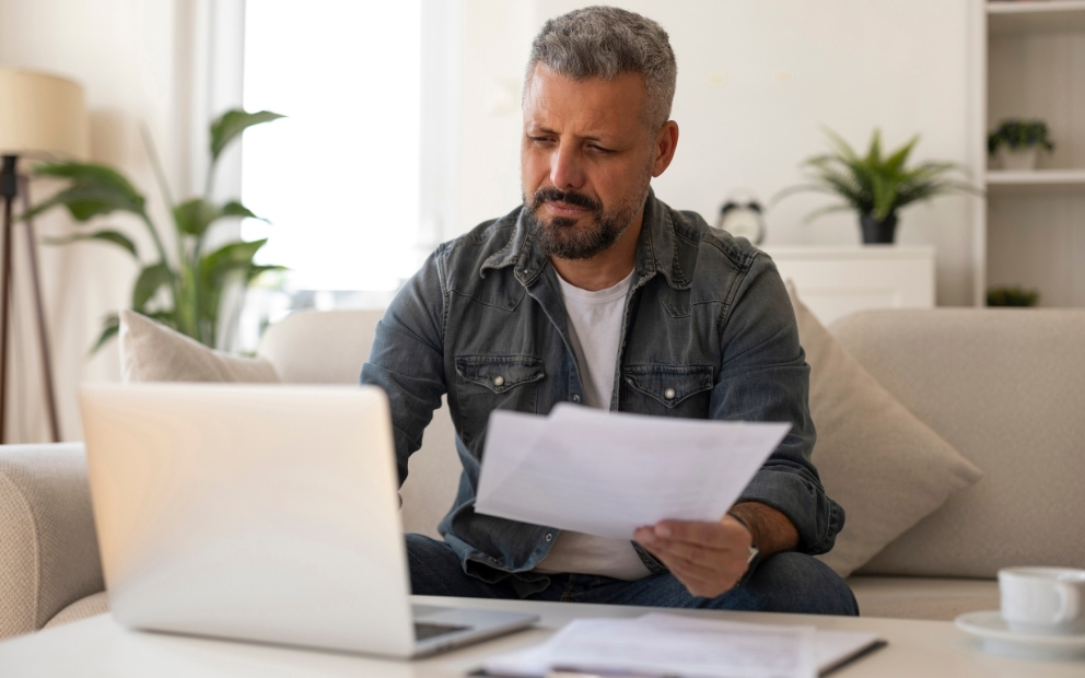 Middle aged man at home researching home equity debt consolidation
