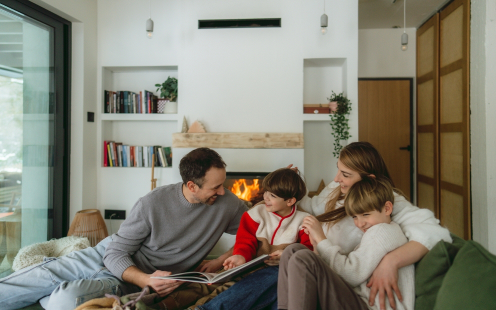 Young family of four enjoying home features for families