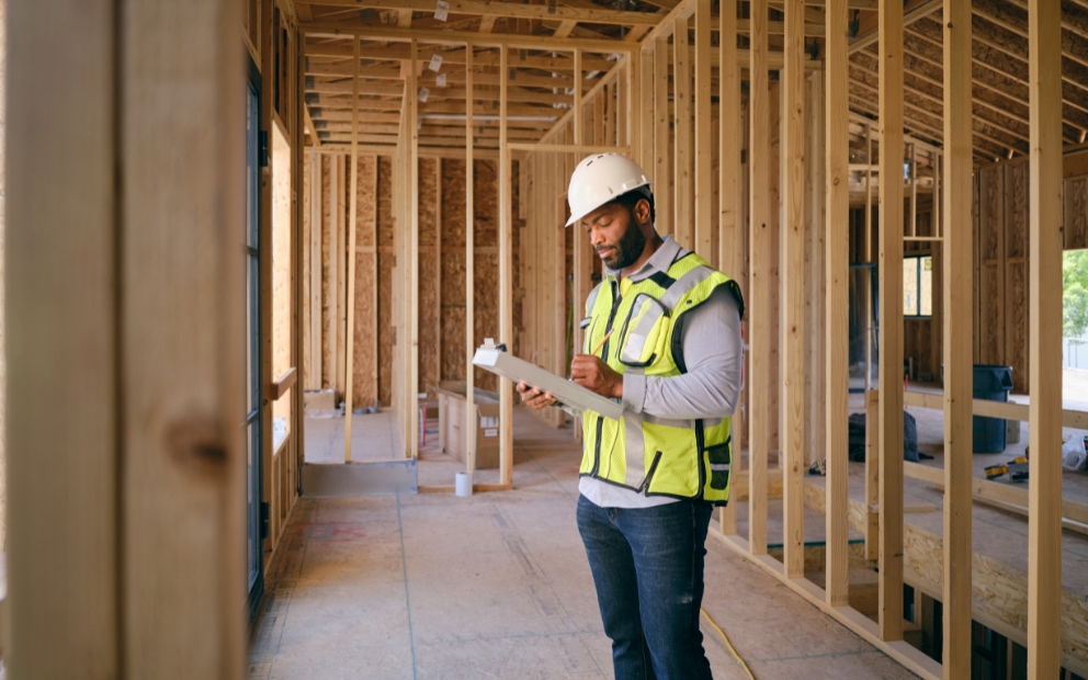 Builder on build site helping prepare for a Construction loan inspection